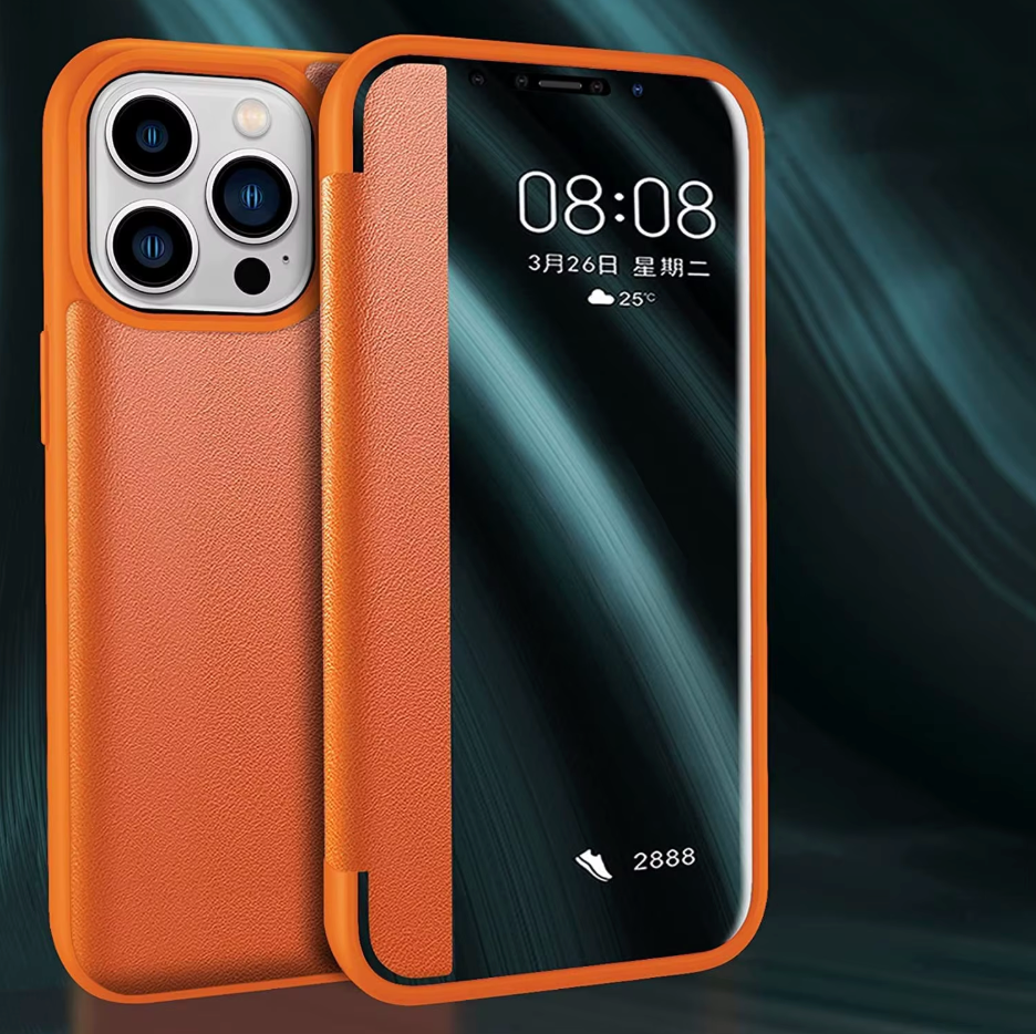 Pochette iPhone Cuir Orange – Étui à Rabat
