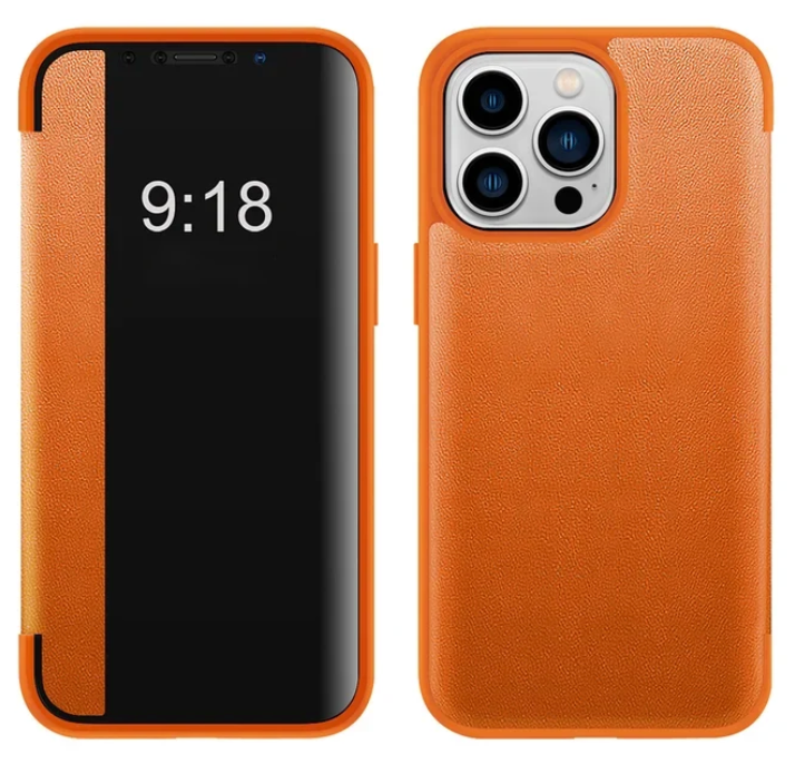 Pochette iPhone Cuir Orange – Étui à Rabat